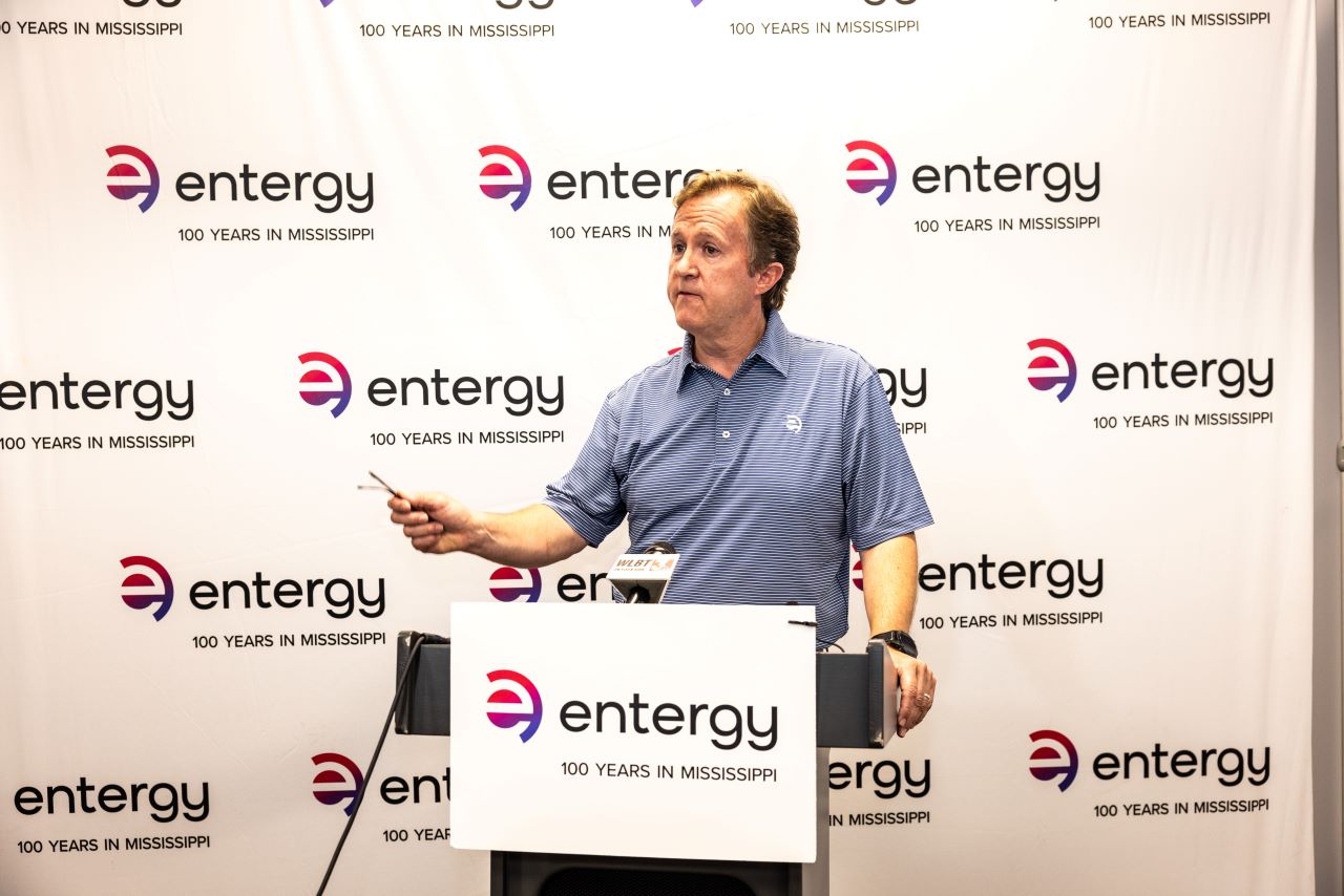 Entergy Mississippi President & CEO Haley Fisackerly updates media on the storm restoration effort